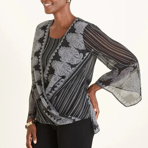 Chico's, Black Batik Stripe Paisley Surplice Faux Wrap Blouse Top, Size Large